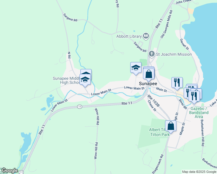 map of restaurants, bars, coffee shops, grocery stores, and more near 52 Lower Main Street in Sunapee