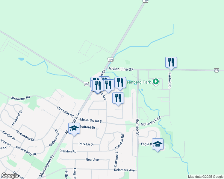 map of restaurants, bars, coffee shops, grocery stores, and more near 230 Kemp Crescent in Stratford