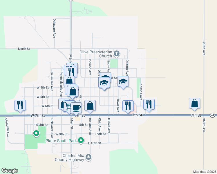 map of restaurants, bars, coffee shops, grocery stores, and more near 400 Illinois Avenue in Platte