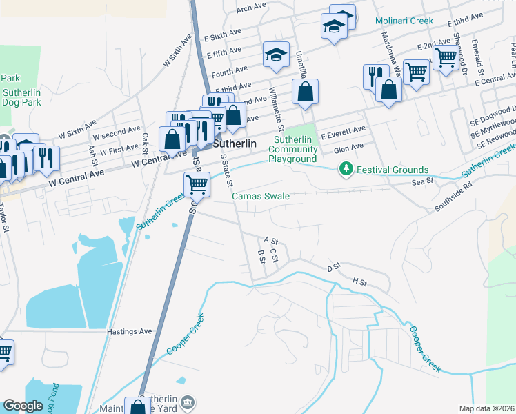 map of restaurants, bars, coffee shops, grocery stores, and more near 223 Raintree Avenue in Sutherlin