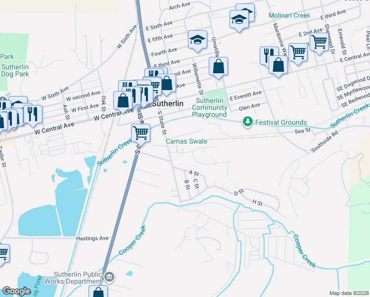 map of restaurants, bars, coffee shops, grocery stores, and more near 189 Raintree Avenue in Sutherlin