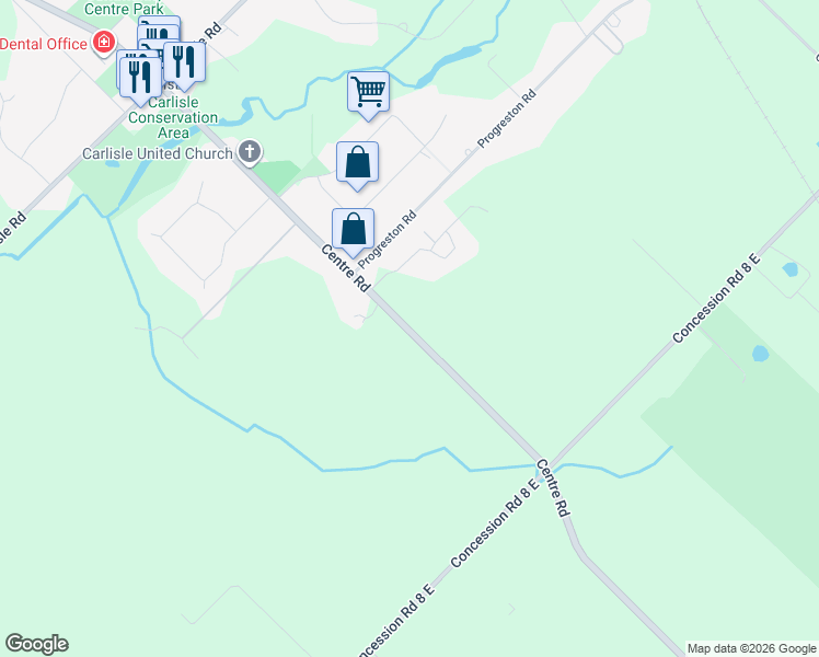 map of restaurants, bars, coffee shops, grocery stores, and more near 1366 Centre Road in Hamilton