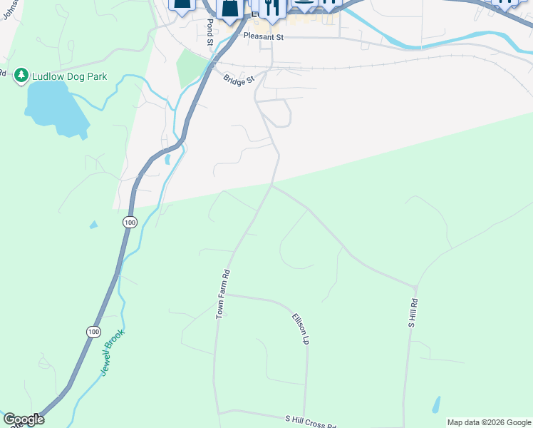 map of restaurants, bars, coffee shops, grocery stores, and more near 8 Deerfield Drive in Windsor County