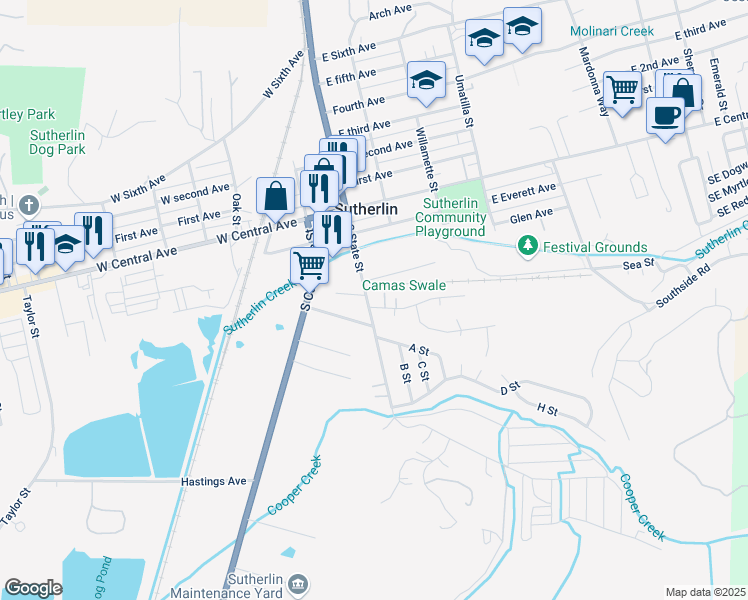 map of restaurants, bars, coffee shops, grocery stores, and more near 141 Raintree Avenue in Sutherlin