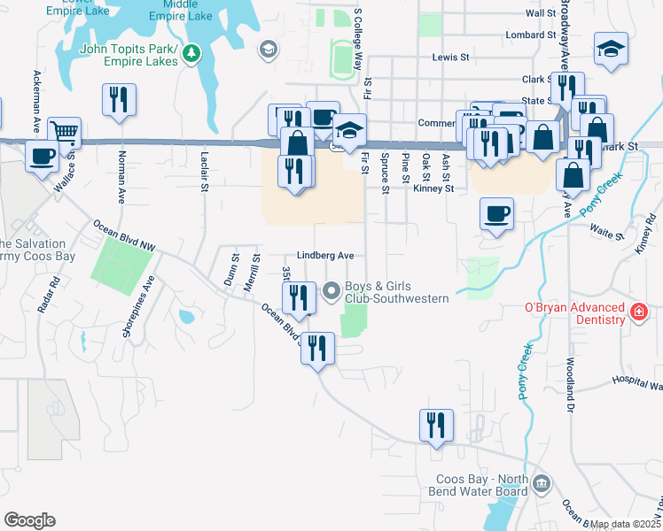 map of restaurants, bars, coffee shops, grocery stores, and more near 3325 Lindberg Avenue in Coos Bay
