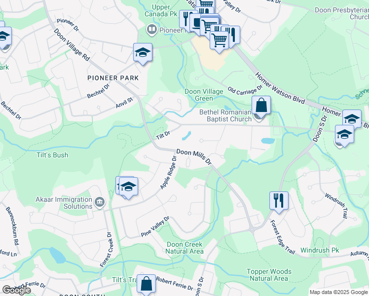 map of restaurants, bars, coffee shops, grocery stores, and more near 226 Doon Mills Drive in Kitchener