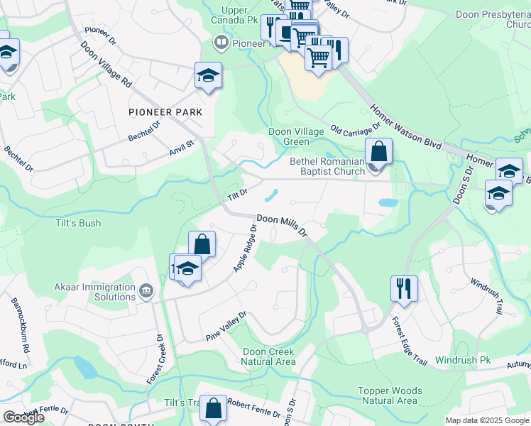 map of restaurants, bars, coffee shops, grocery stores, and more near 226 Doon Mills Drive in Kitchener