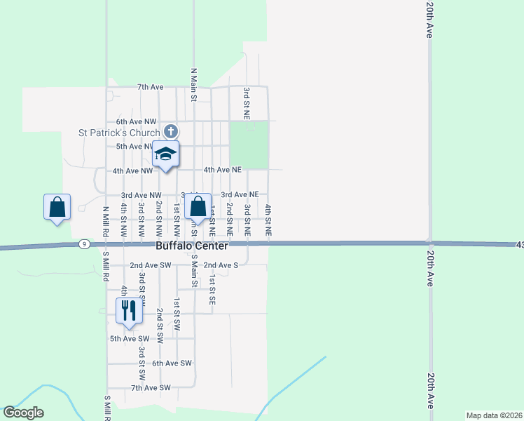 map of restaurants, bars, coffee shops, grocery stores, and more near 201 4th Street Northeast in Buffalo Center