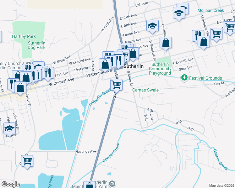 map of restaurants, bars, coffee shops, grocery stores, and more near 358 South Calapooia Street in Sutherlin