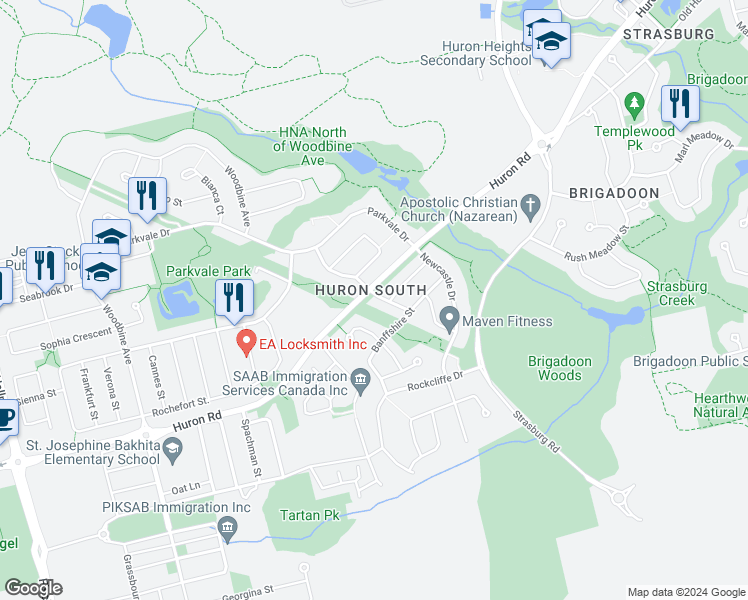 map of restaurants, bars, coffee shops, grocery stores, and more near 2 Cranshaw Street in Kitchener