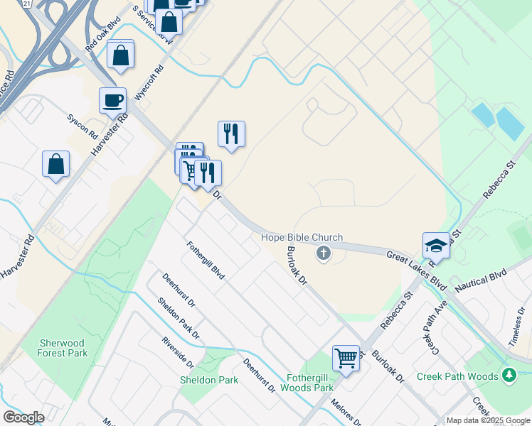 map of restaurants, bars, coffee shops, grocery stores, and more near 603 Michigan Drive in Oakville