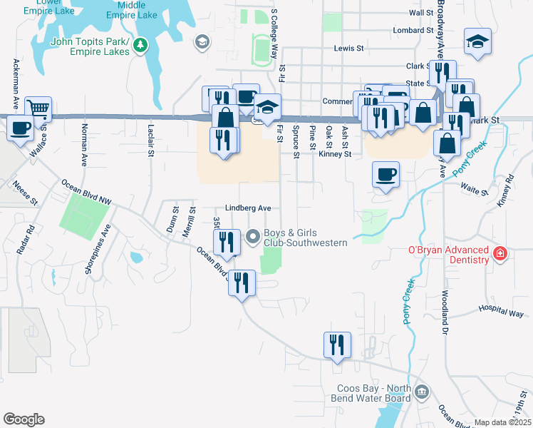 map of restaurants, bars, coffee shops, grocery stores, and more near 2790 32nd Street in Coos Bay