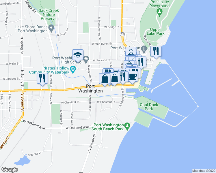 map of restaurants, bars, coffee shops, grocery stores, and more near 231 East Grand Avenue in Port Washington