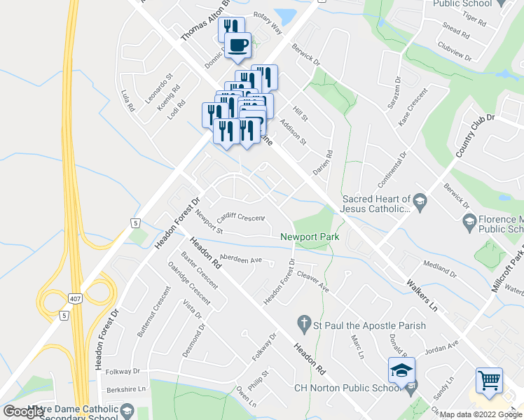map of restaurants, bars, coffee shops, grocery stores, and more near 3359 Cardiff Crescent in Burlington