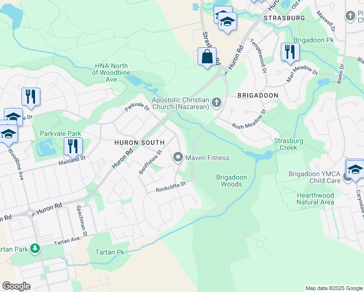 map of restaurants, bars, coffee shops, grocery stores, and more near 75 Newcastle Drive in Kitchener