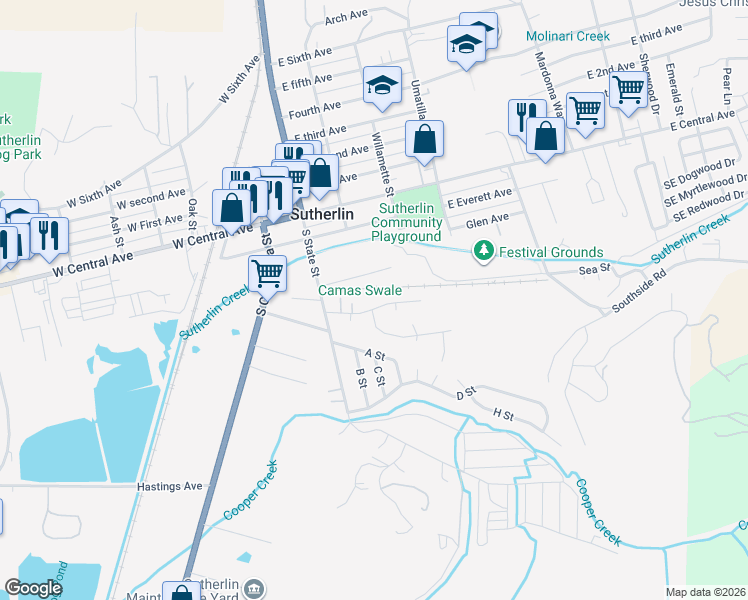 map of restaurants, bars, coffee shops, grocery stores, and more near 223 Raintree Avenue in Sutherlin