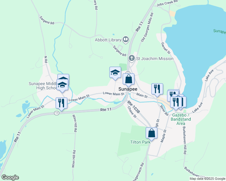 map of restaurants, bars, coffee shops, grocery stores, and more near 11 School Street in Sunapee
