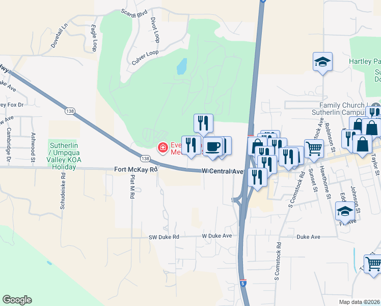 map of restaurants, bars, coffee shops, grocery stores, and more near 103 Clover Leaf Loop in Sutherlin