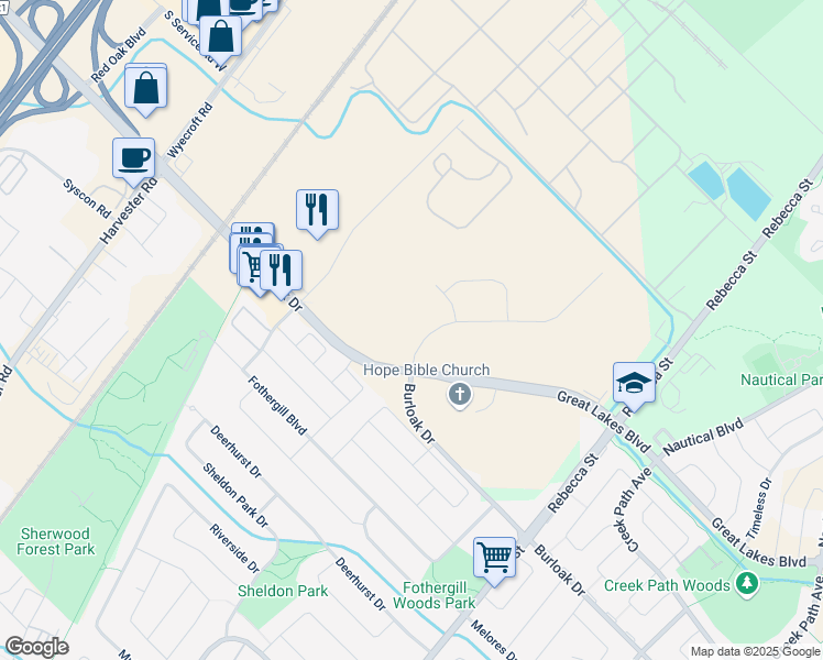 map of restaurants, bars, coffee shops, grocery stores, and more near 585 Michigan Drive in Oakville