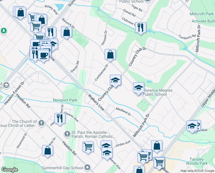 map of restaurants, bars, coffee shops, grocery stores, and more near 2140 Crosswinds Court in Burlington