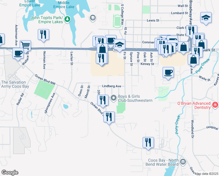 map of restaurants, bars, coffee shops, grocery stores, and more near 3325 Lindberg Avenue in Coos Bay