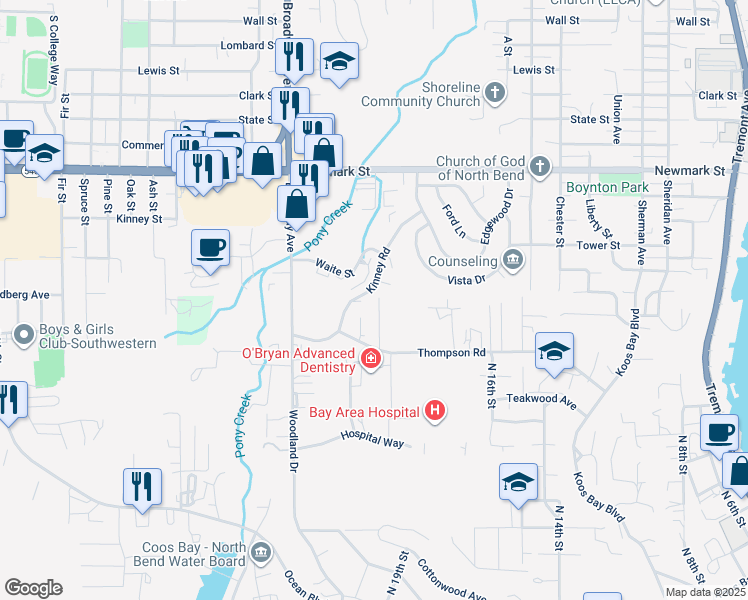 map of restaurants, bars, coffee shops, grocery stores, and more near 3710 Pacific Street in North Bend