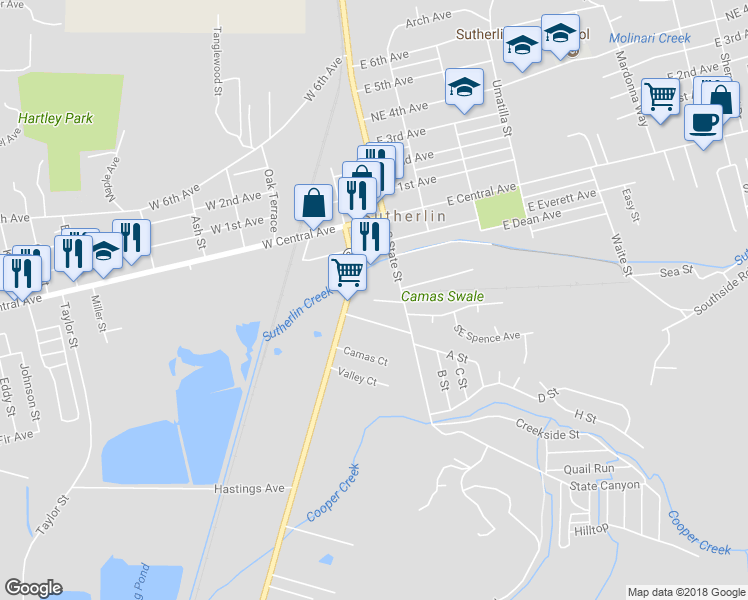 map of restaurants, bars, coffee shops, grocery stores, and more near 199 Azalea Court in Sutherlin