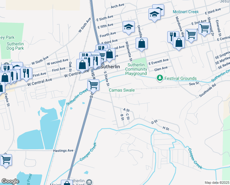 map of restaurants, bars, coffee shops, grocery stores, and more near 141 Raintree Avenue in Sutherlin