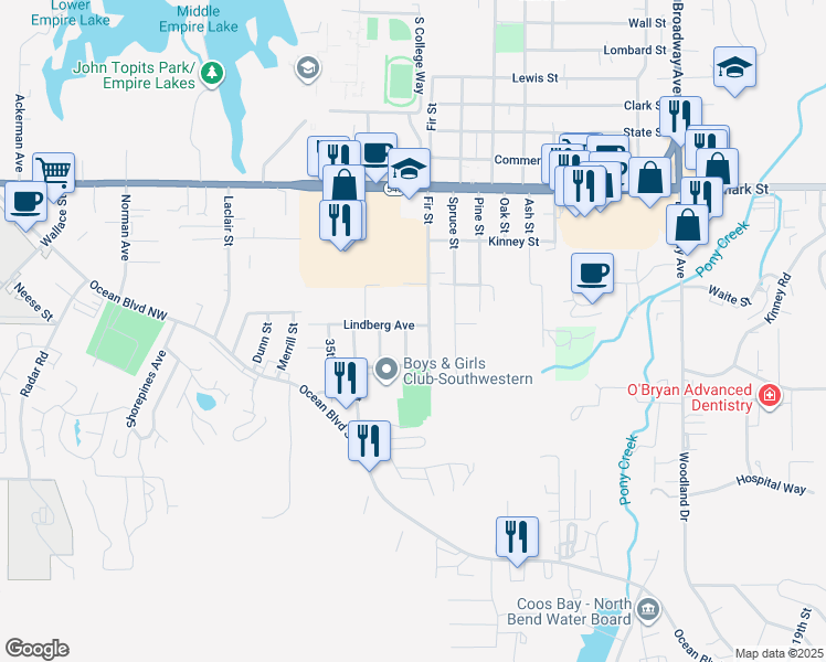 map of restaurants, bars, coffee shops, grocery stores, and more near 2790 32nd Street in Coos Bay