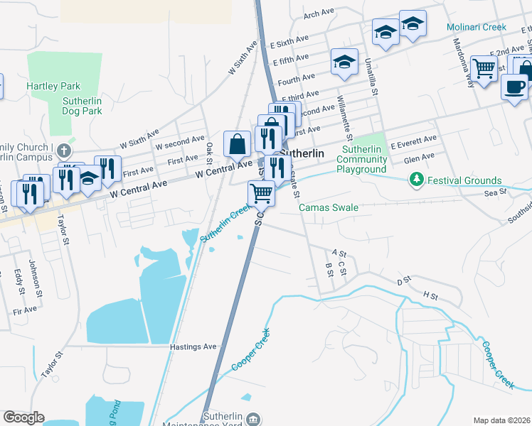map of restaurants, bars, coffee shops, grocery stores, and more near 358 South Calapooia Street in Sutherlin