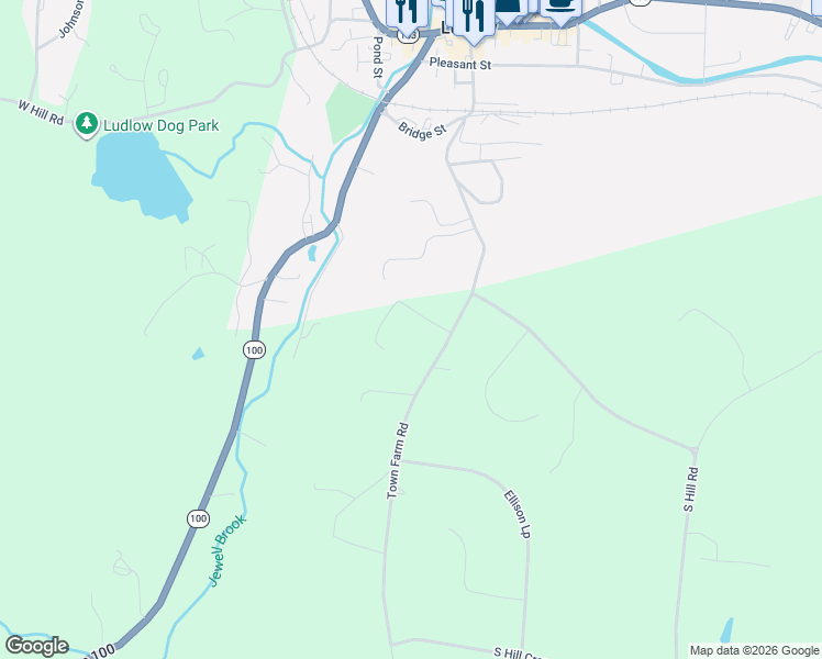 map of restaurants, bars, coffee shops, grocery stores, and more near 43 Bridge Street in Ludlow