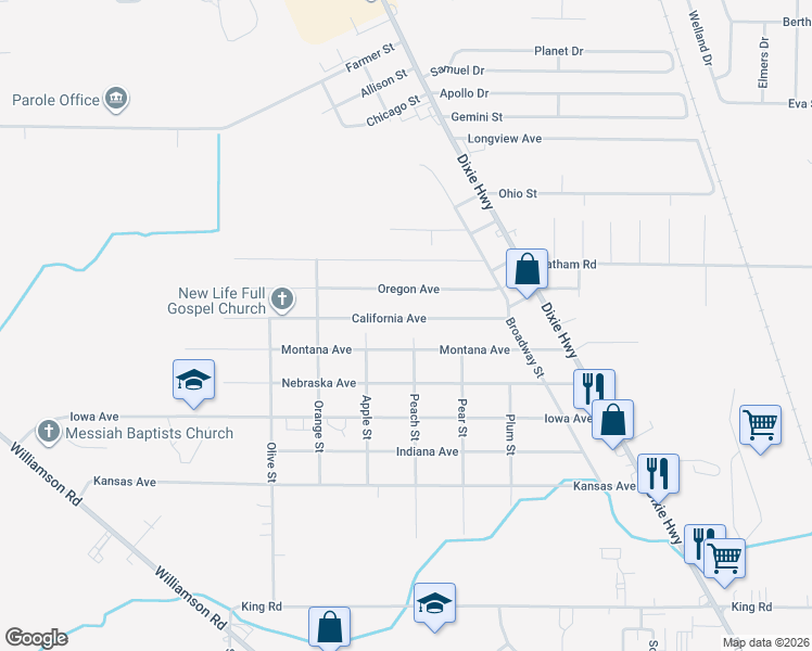 map of restaurants, bars, coffee shops, grocery stores, and more near 2360 California Avenue in Saginaw
