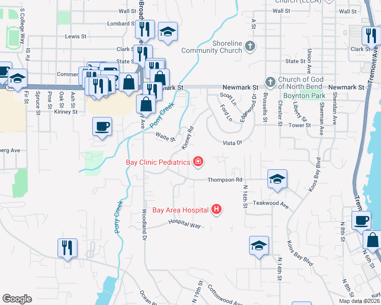 map of restaurants, bars, coffee shops, grocery stores, and more near 3693 Kinney Road in North Bend