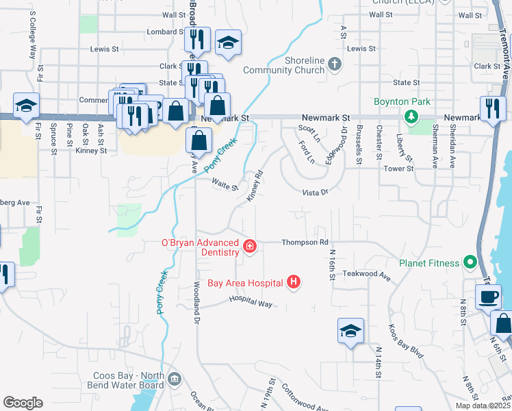map of restaurants, bars, coffee shops, grocery stores, and more near 2323 Pacific Avenue in North Bend