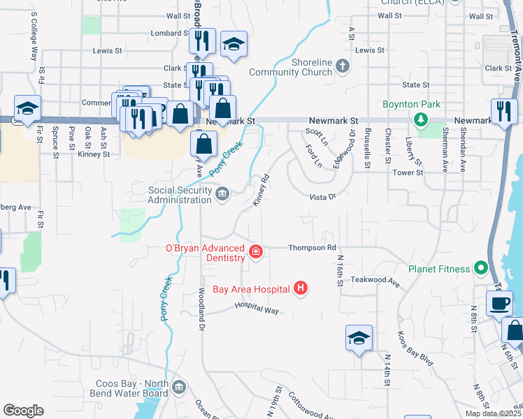 map of restaurants, bars, coffee shops, grocery stores, and more near 2323 Pacific Avenue in North Bend