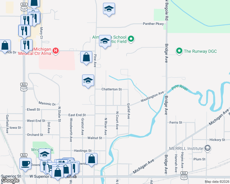 map of restaurants, bars, coffee shops, grocery stores, and more near 1036 Fairview Avenue in Alma