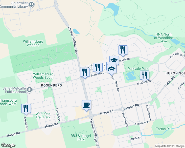 map of restaurants, bars, coffee shops, grocery stores, and more near 88 Seabrook Drive in Kitchener
