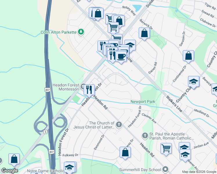 map of restaurants, bars, coffee shops, grocery stores, and more near 2915 Headon Forest Drive in Burlington