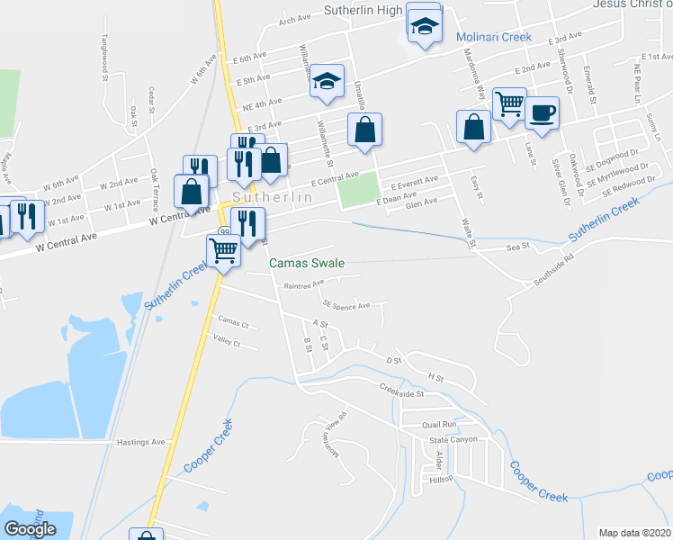 map of restaurants, bars, coffee shops, grocery stores, and more near 247 Raintree Avenue in Sutherlin