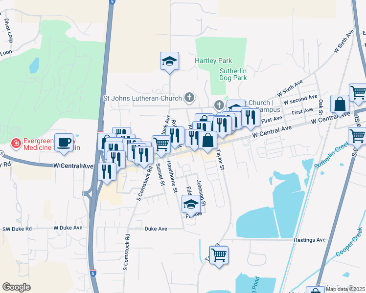 map of restaurants, bars, coffee shops, grocery stores, and more near 1119 West Central Avenue in Sutherlin