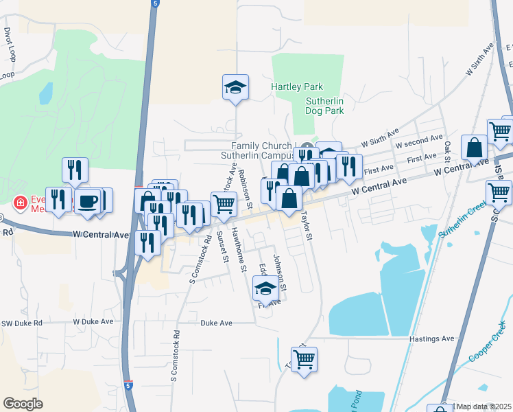 map of restaurants, bars, coffee shops, grocery stores, and more near 1119 West Central Avenue in Sutherlin