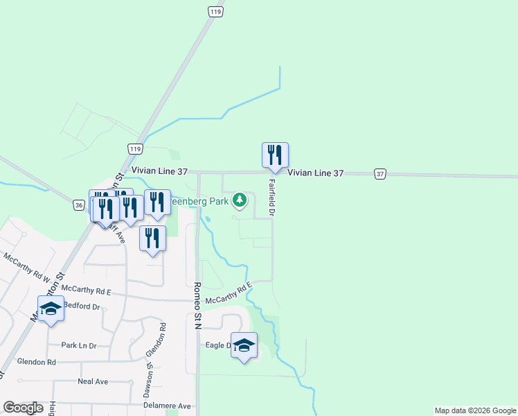 map of restaurants, bars, coffee shops, grocery stores, and more near 74 Rutherford Drive in Stratford