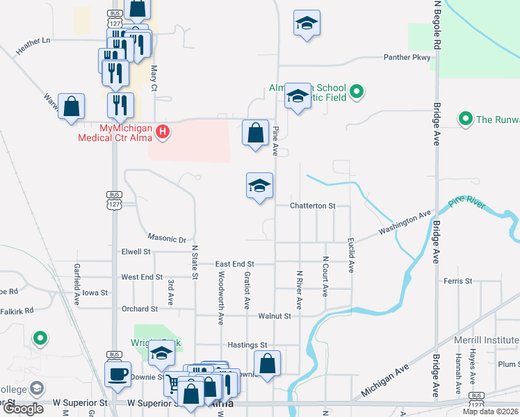 map of restaurants, bars, coffee shops, grocery stores, and more near 1065-1099 Pine Avenue in Alma