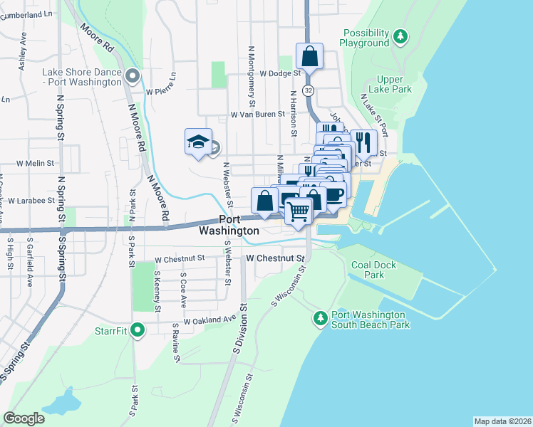 map of restaurants, bars, coffee shops, grocery stores, and more near 220 West Grand Avenue in Port Washington