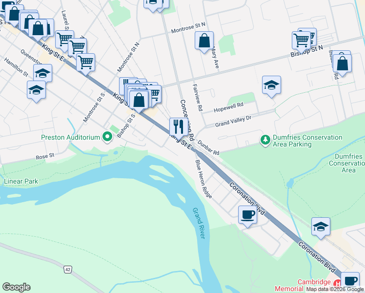 map of restaurants, bars, coffee shops, grocery stores, and more near 1790 King Street East in Cambridge