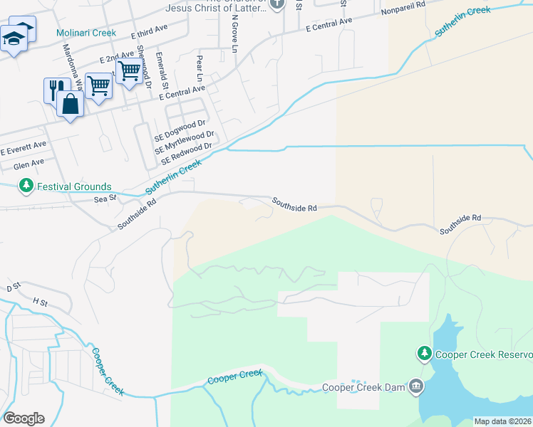 map of restaurants, bars, coffee shops, grocery stores, and more near 1579 Southside Road in Sutherlin