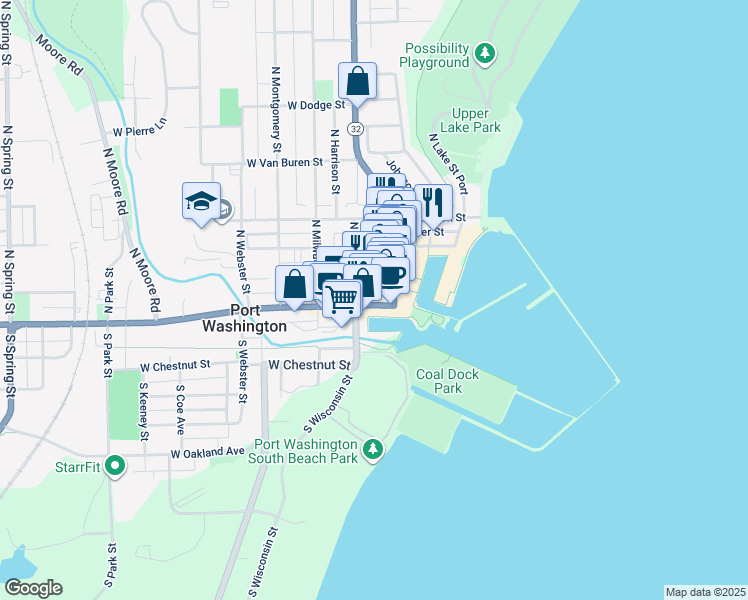 map of restaurants, bars, coffee shops, grocery stores, and more near 110 East Grand Avenue in Port Washington