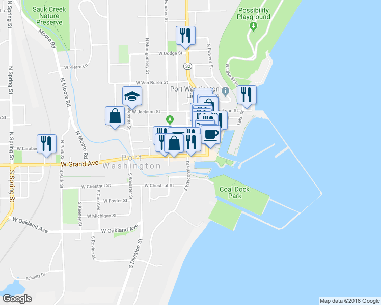 map of restaurants, bars, coffee shops, grocery stores, and more near 102 East Grand Avenue in Port Washington