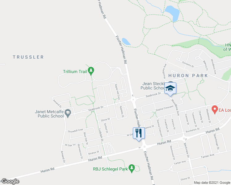 map of restaurants, bars, coffee shops, grocery stores, and more near 235 Apple Hill Crescent in Kitchener