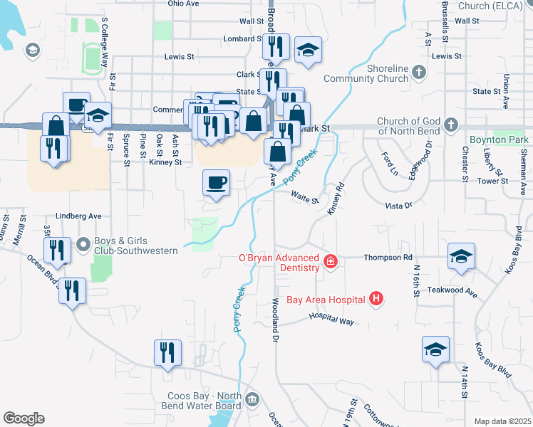 map of restaurants, bars, coffee shops, grocery stores, and more near 3698 Broadway Avenue in North Bend